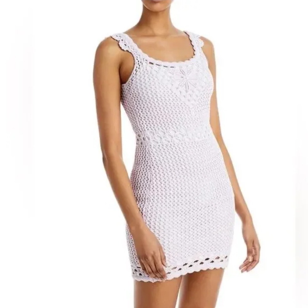 AQUA Womens Crochet Mini Dress Lilac Purple White Cotton Open Knit Sleeveless L‎